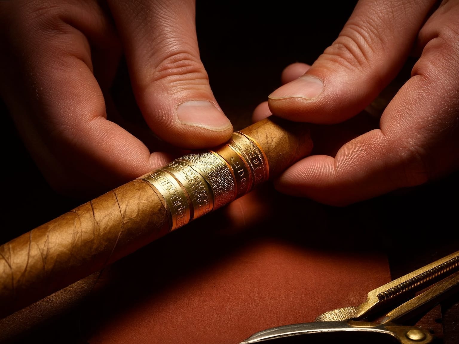 Artisan hands wrapping a custom gold-foil band around a Maduro wrapper cigar