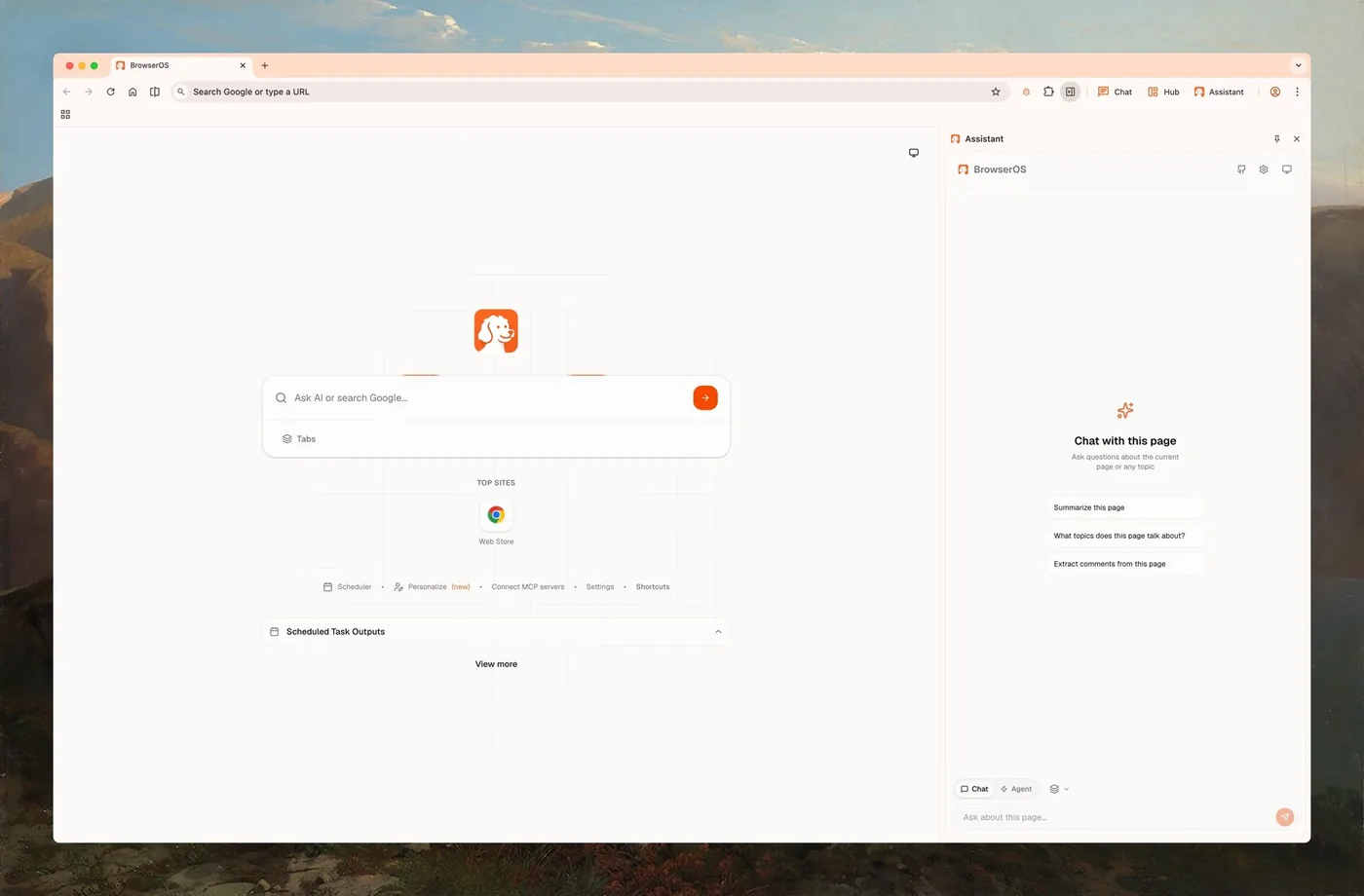 BrowserOS'un yeni sekme ekranı ve asistan paneli
